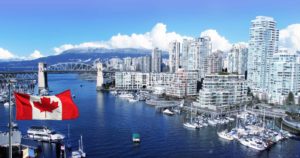 Vancouver Skyline with Prominent Canadian Flag